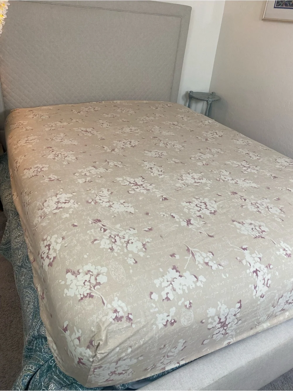Croscill Floral Script Sheet in Taupe, White, and Mauve Queen fitted sheet